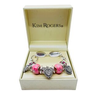 Kim Rogers Beaded Bracelet Womens Pink Silver Tone Heart Love Blessed Beautiful